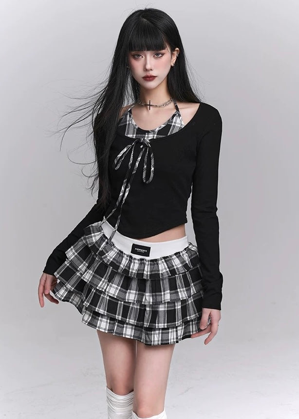 Checkered Tiered Mini Skirt Set / LG1221 