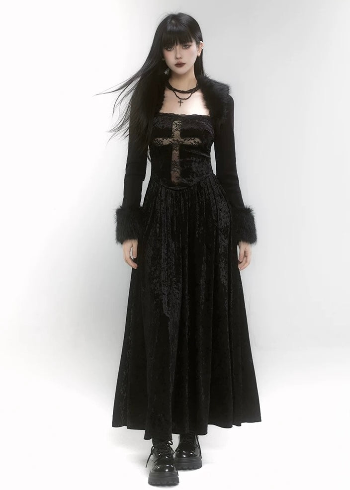 [Same day delivery] gothic cross dress &amp; short fur jacket / LG1185 