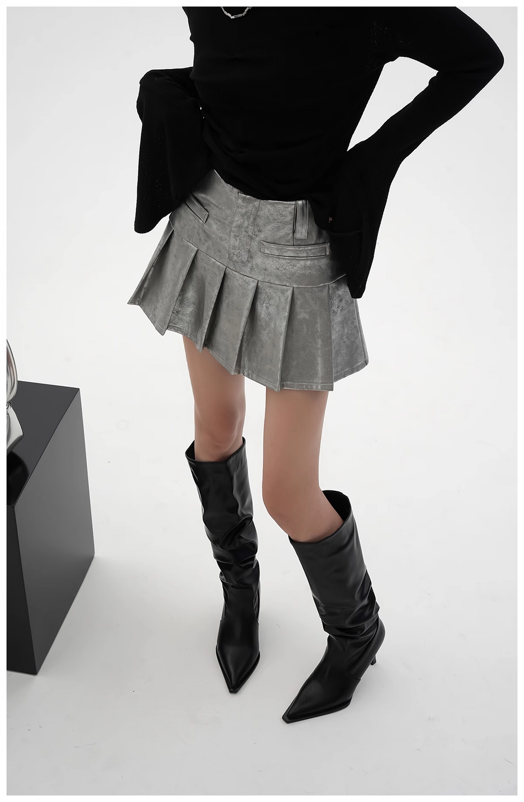 pu leather pleated skirt/sr1103