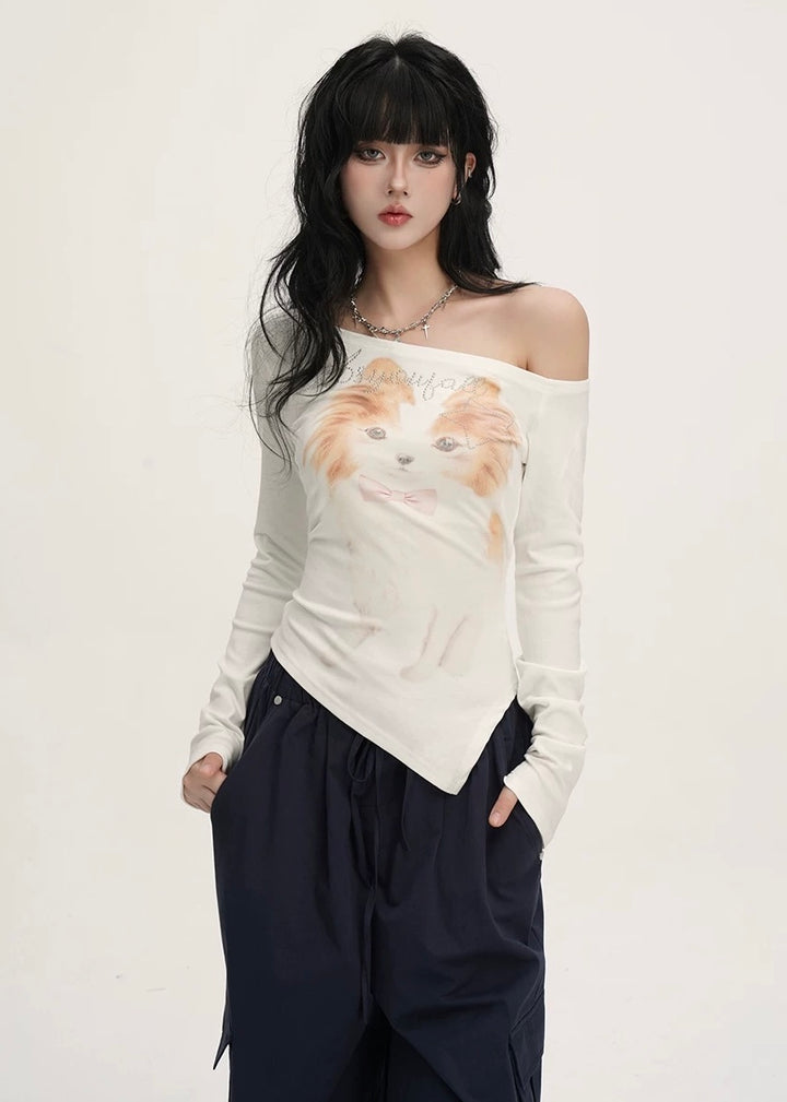 CAT GRAPHIC OFF-SHOULDER TOP / LG1393