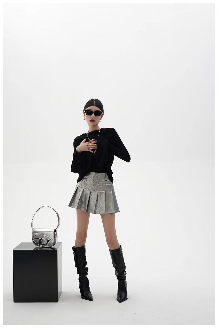 pu leather pleated skirt/sr1103