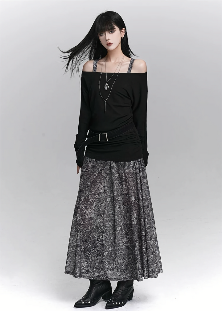 ASYMMETRY OFF-SHOULDER TOP &amp;amp; PAISLEY LONG SKIRT SET / LG1419_e4r