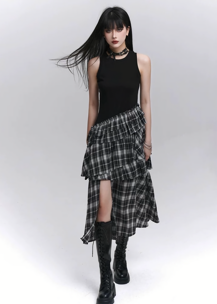GOTHIC ASYMMETRY CHECK DRESS / LG1283