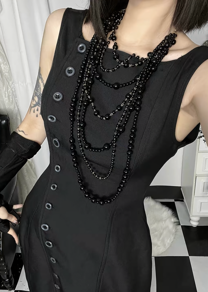 DARK BUTTON SLIT SLEEVELESS LONG ONE-PIECE / LG1696