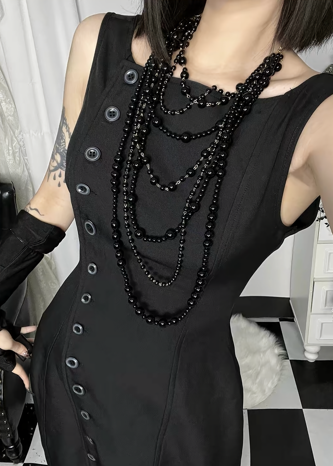 DARK BUTTON SLIT SLEEVELESS LONG ONE-PIECE / LG1696