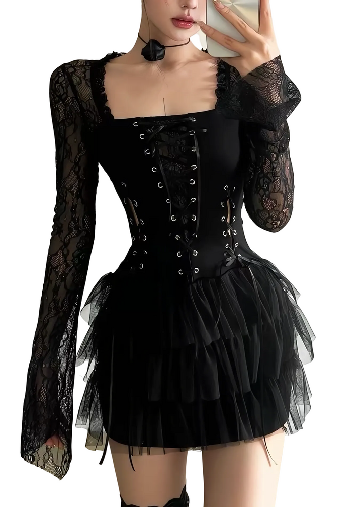 GOTHIC LACE-UP TULLE MINI DRESS / LG1634