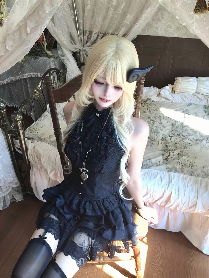 GOTHIC HIGH NECK FRILL HALTER TOP / LG1672