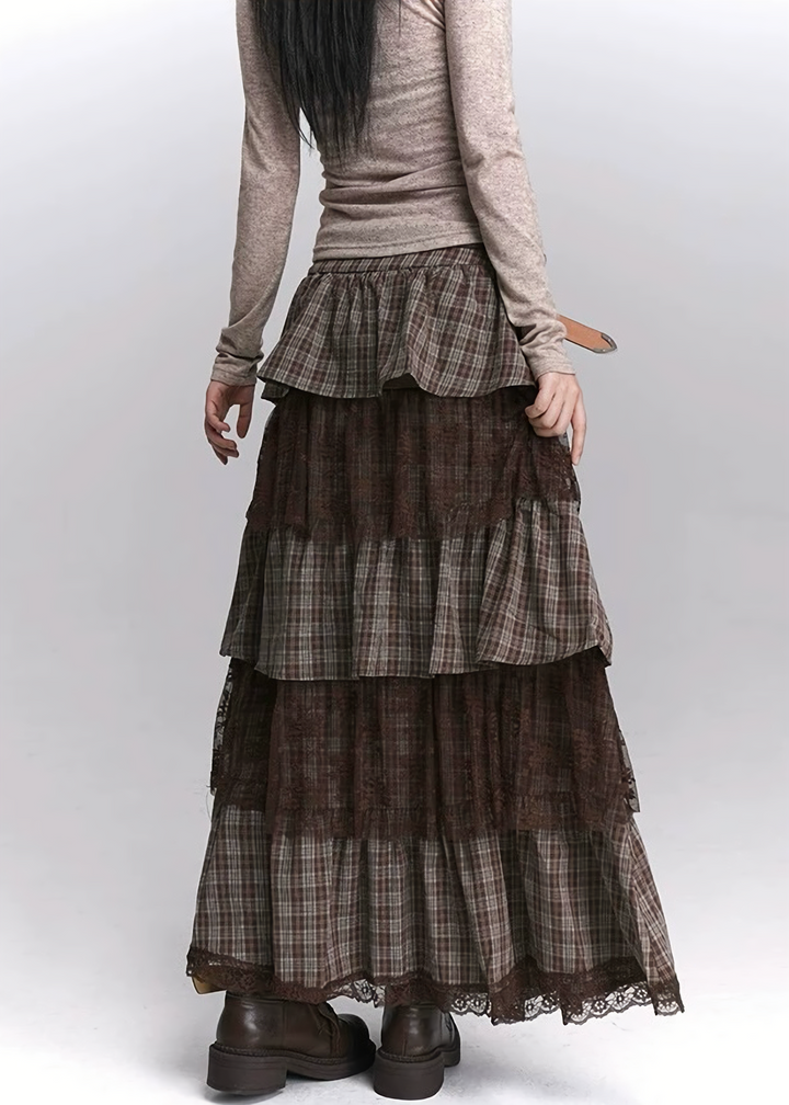 TIERED CHECK LACE LONG SKIRT/LG1415