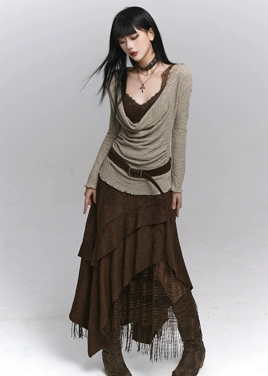 Layered Fringe Long Skirt / lg1373
