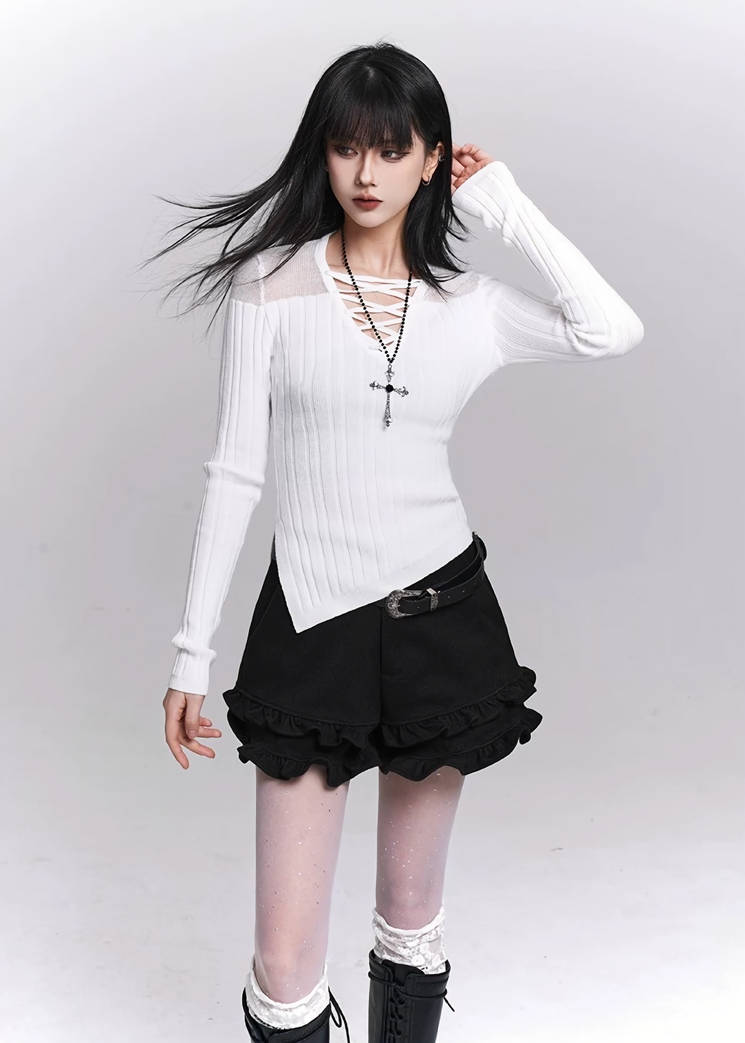 LACE-UP V-NECK KNIT TOP / LG1497