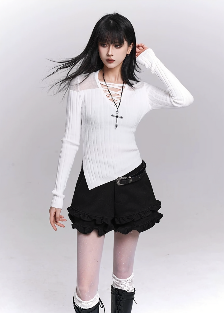 LACE-UP V-NECK KNIT TOP / LG1497