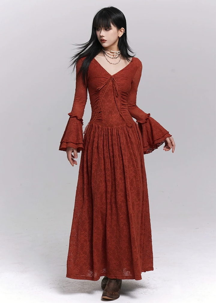 RUCHED LACE FLARE SLEEVE DRESS / LG1482