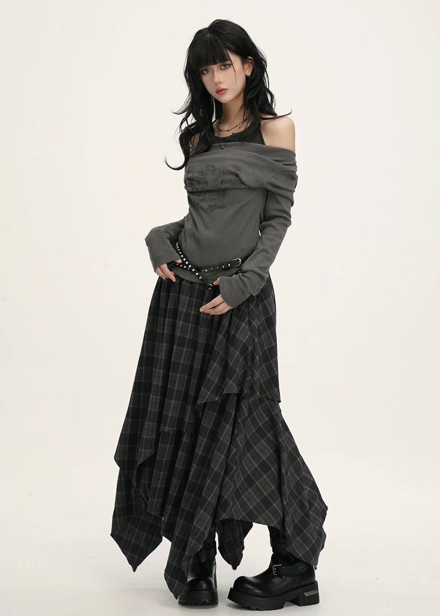 ASYMMETRIC CHECK DRAPE SKIRT / LG1539