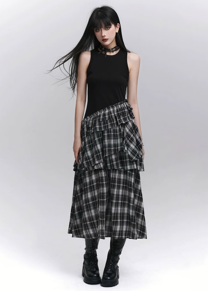 GOTHIC ASYMMETRY CHECK DRESS / LG1283