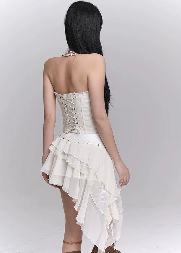white cross tube top &amp; lace irregular skirt / LG1240
