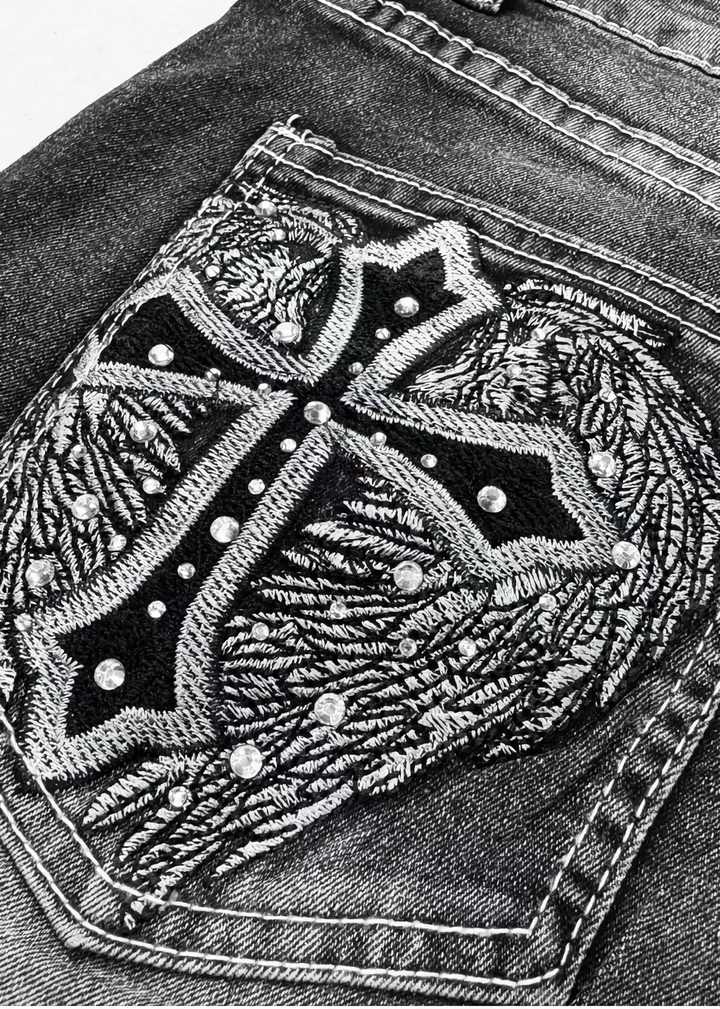 CROSS EMBROIDERY DENIM SHORT PANTS / LG1619_E4R