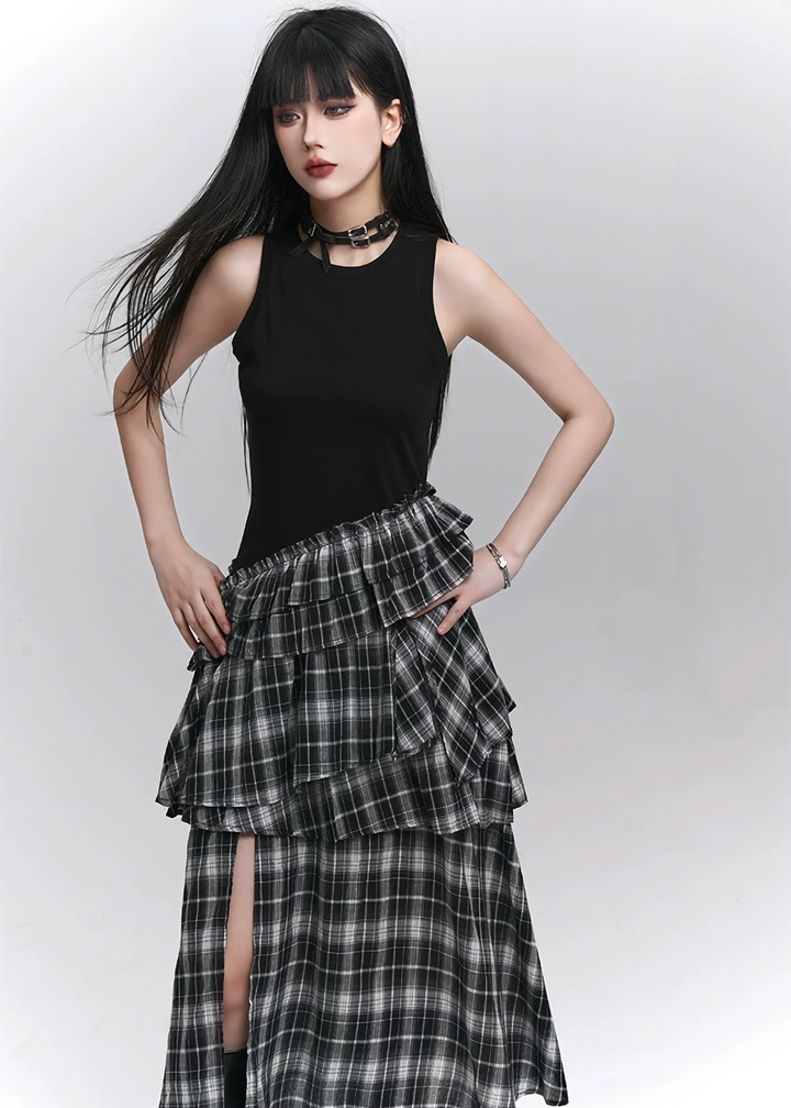 GOTHIC ASYMMETRY CHECK DRESS / LG1283