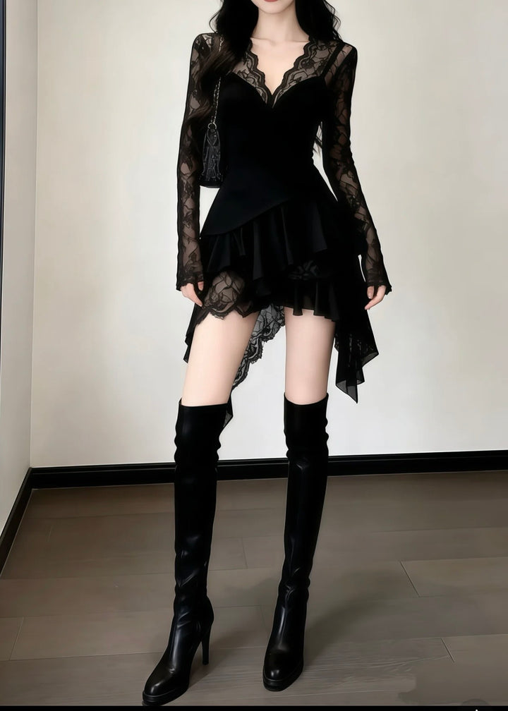 LACE GOTHIC DRAPE MINI DRESS / LG1606