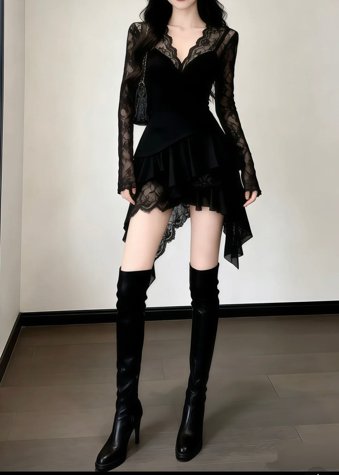 LACE GOTHIC DRAPE MINI DRESS / LG1606