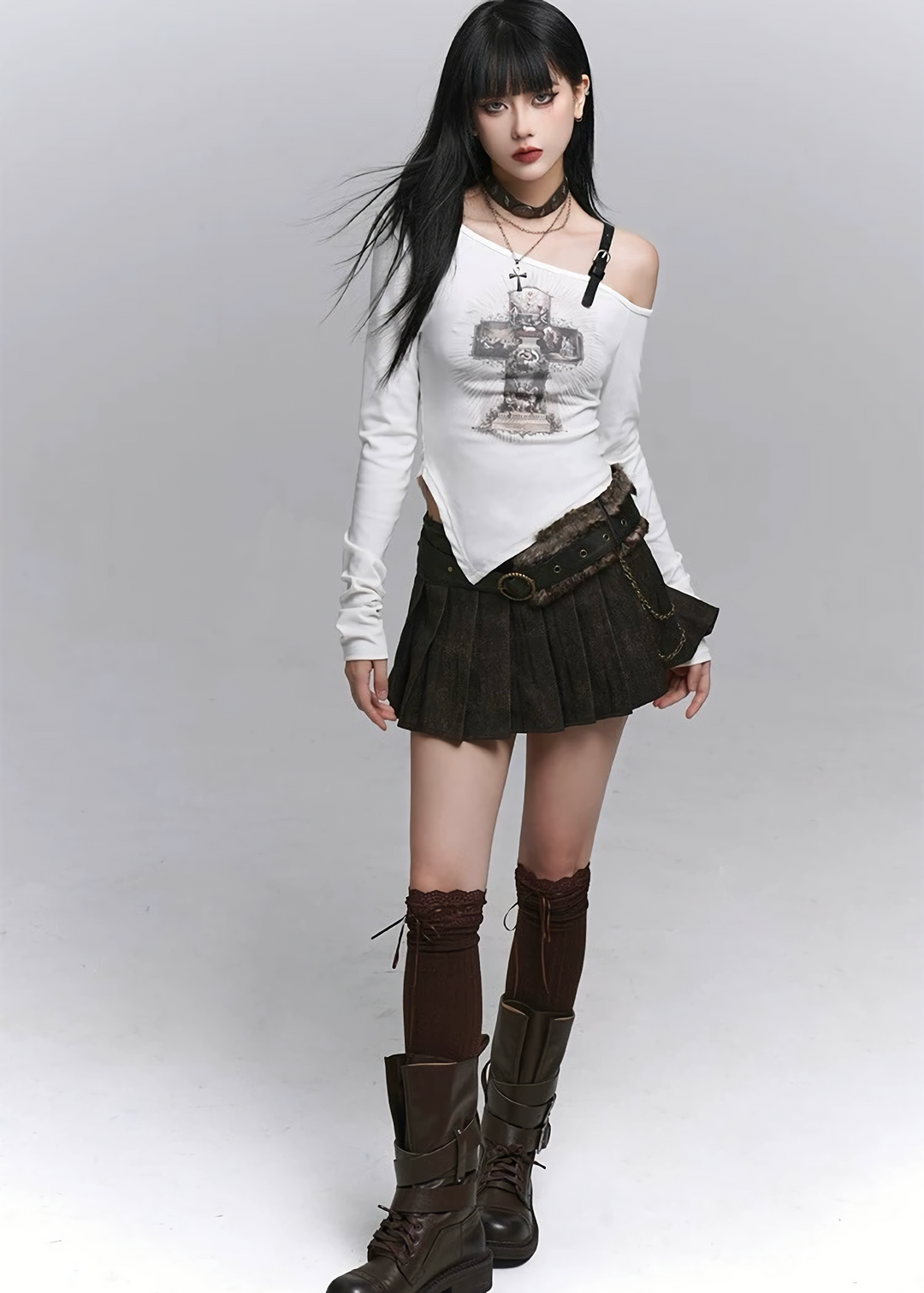 CHAIN BELT PLEATED MINI SKIRT / lg1333