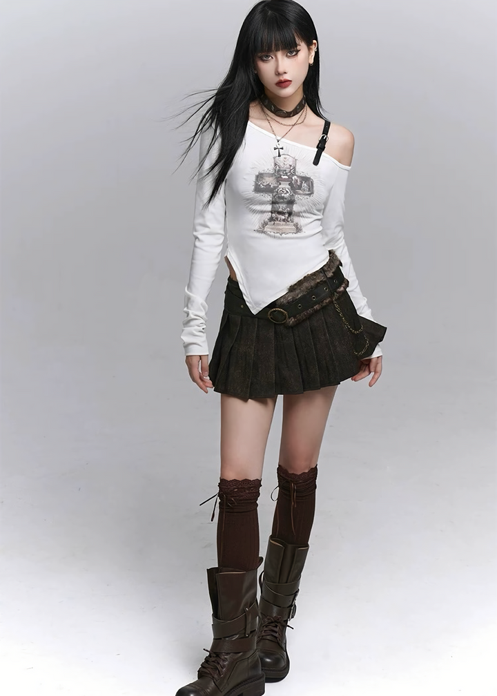 CHAIN BELT PLEATED MINI SKIRT / lg1333