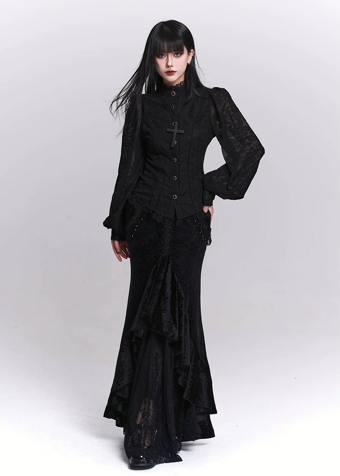 Black Jacquard Waist-Shaped Shirt / LG1520
