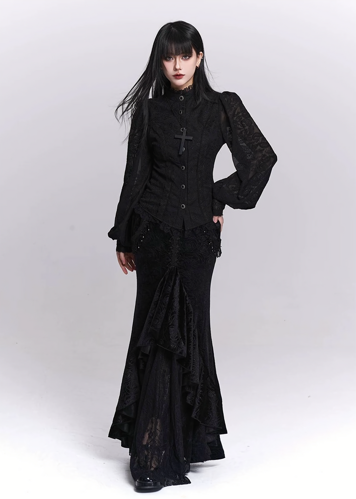 Black Jacquard Waist-Shaped Shirt / LG1520