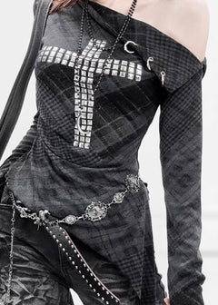 DARK RHINESTONE CROSS ASYMMETRIC TOP / LG1681