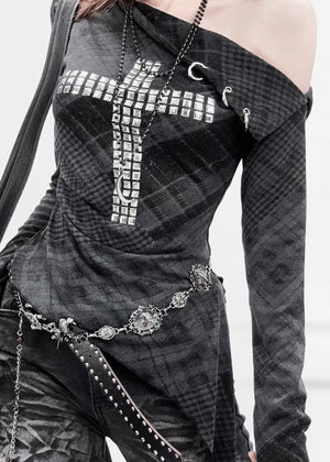 DARK RHINESTONE CROSS ASYMMETRIC TOP / LG1681