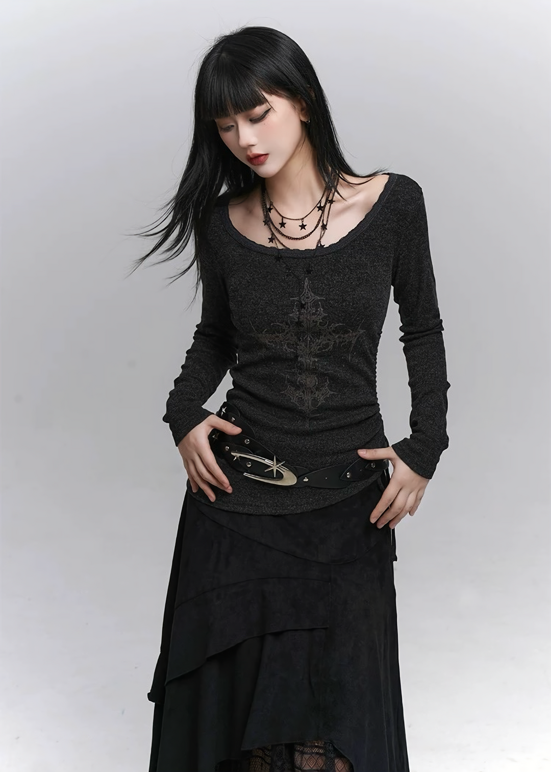 Side shirred long sleeve top / lg1339