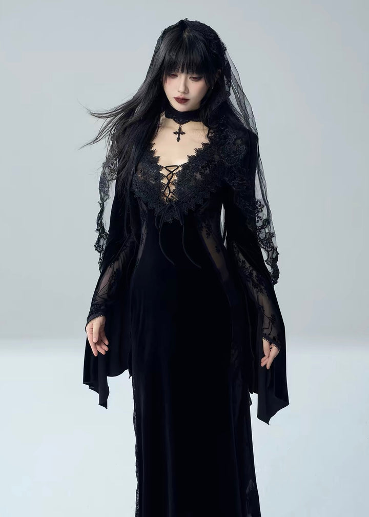 VELVET LACE-UP LACE PANEL LONG DRESS / LG1729