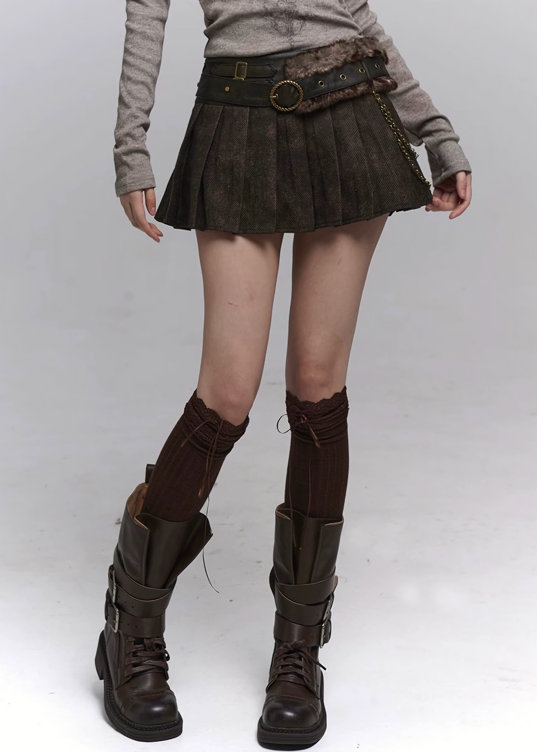 CHAIN BELT PLEATED MINI SKIRT / lg1333