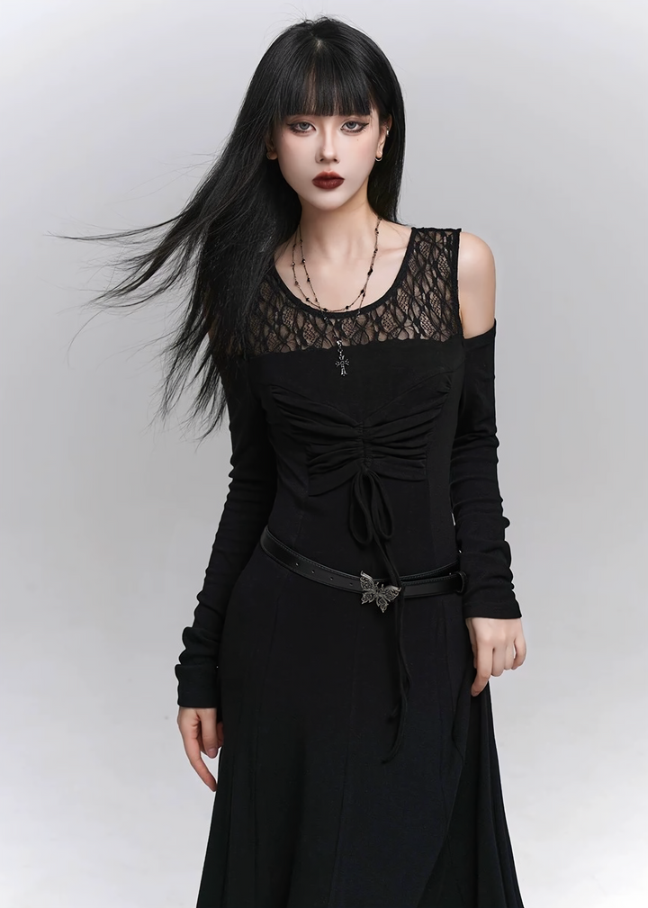 Lace-up Sheer Sleeve Long Dress / lg1336_e4r