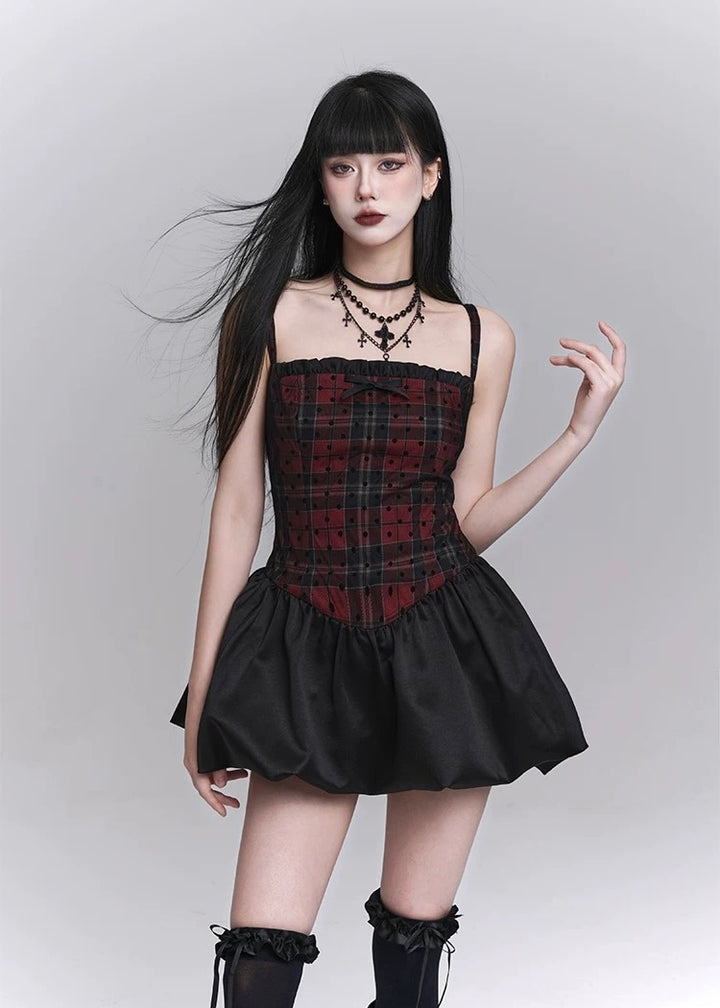 checkered suspender short dress / LG1246