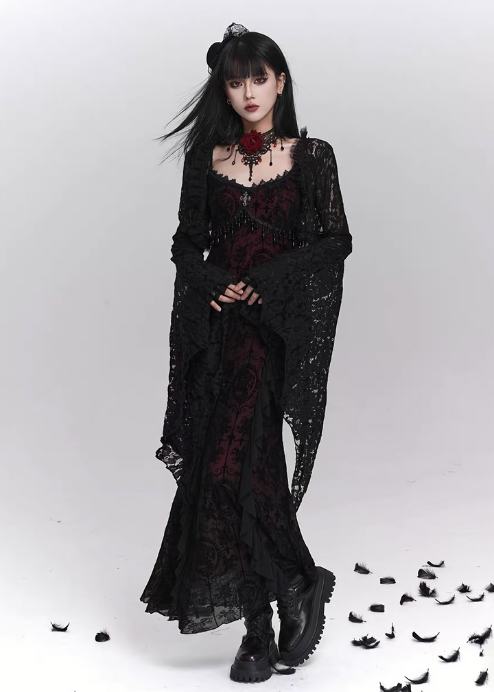 Dark rose long dress &amp;amp; Enchant lace cardigan / LG1401