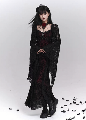 Dark rose long dress & Enchant lace cardigan / LG1401