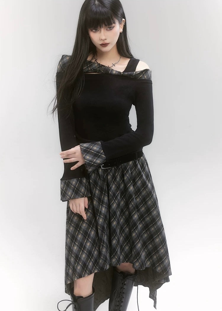 off shoulder check top &amp; unbalanced check skirt / LG1189 