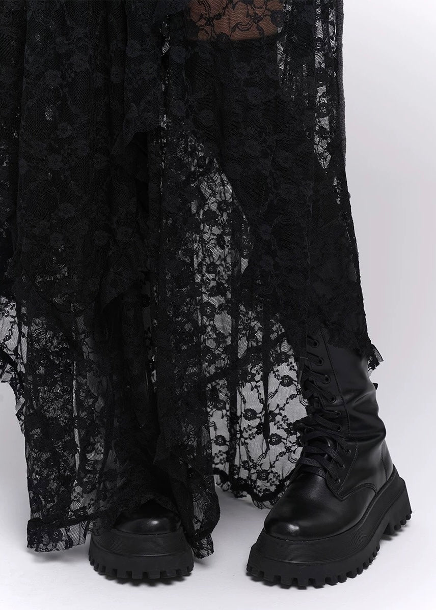 black lace irregular long skirt / LG1199