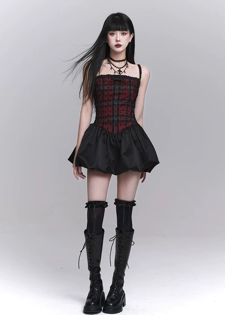 checkered suspender short dress / LG1246