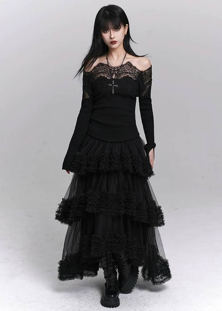 SHADOW LACE OFF-SHOULDER KNIT TOP / LG1487