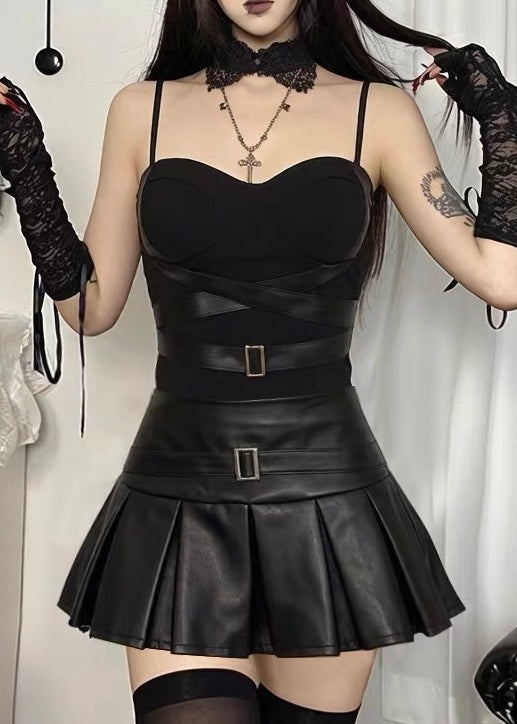 DARK LEATHER PLEATED SET / LG1650