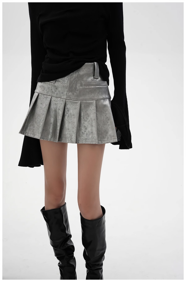 pu leather pleated skirt/sr1103