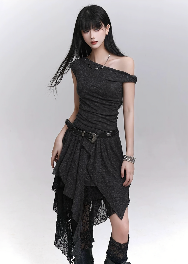 Asymmetrical layered off-shoulder dress / lg1318