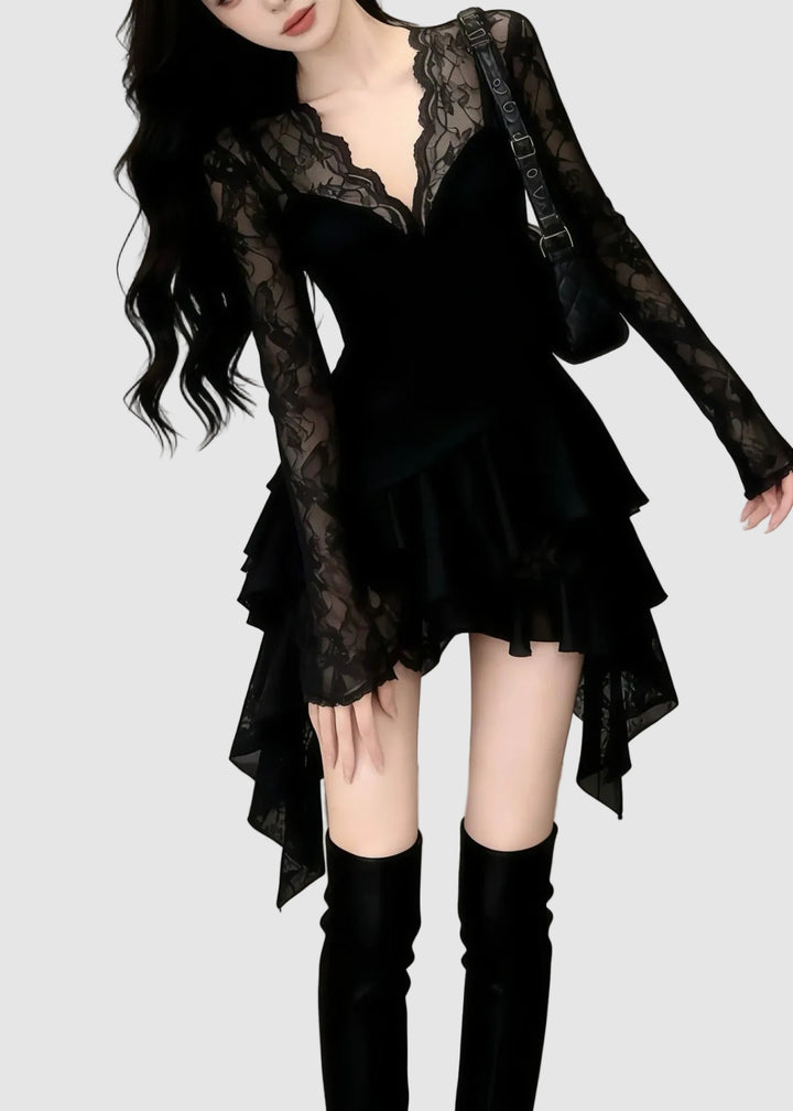 LACE GOTHIC DRAPE MINI DRESS / LG1606
