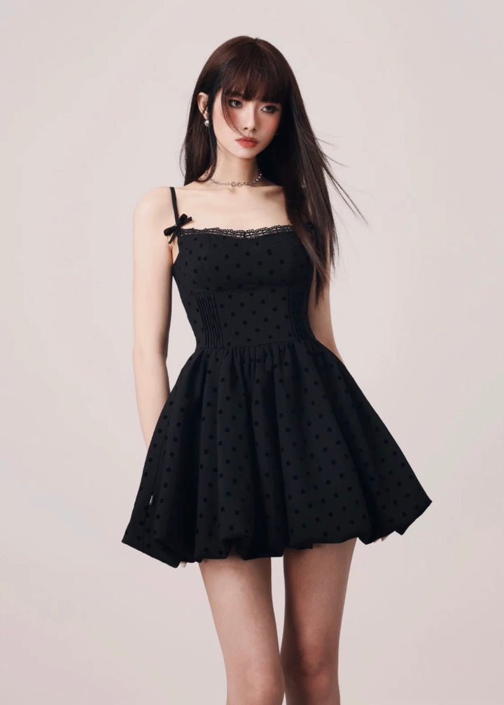 Dot black balloon mini dress / mu1124