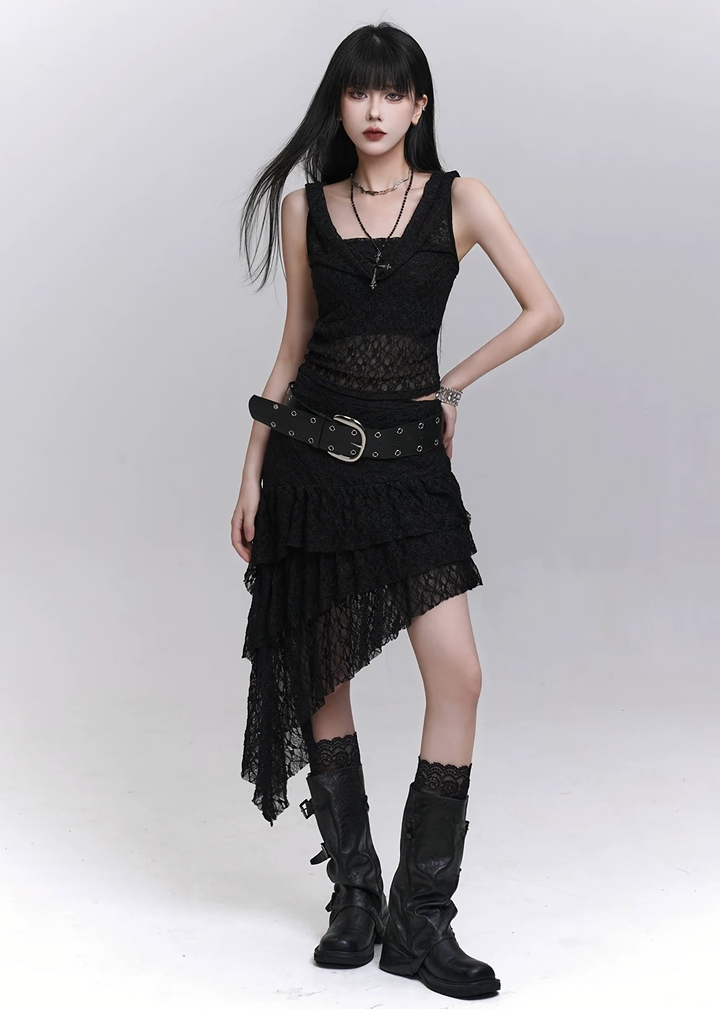 Sheer gathered hood cami &amp;amp; layered chiffon long skirt / lg1315 