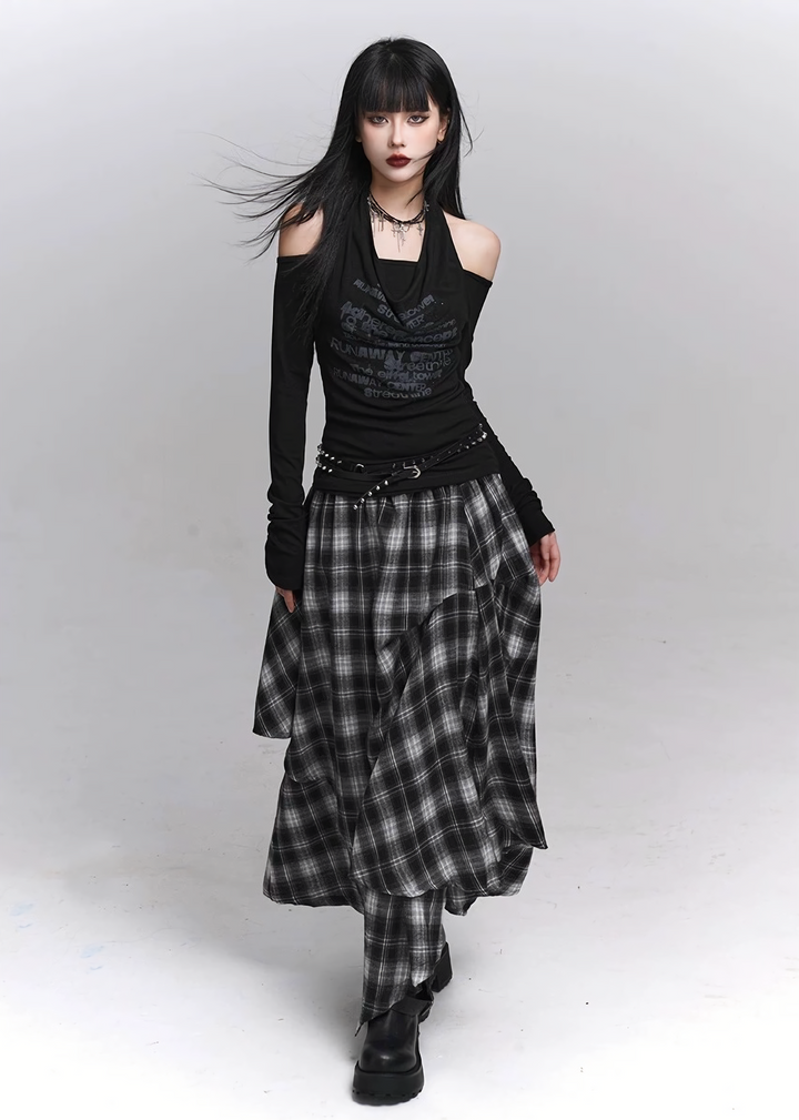 Asymmetry Check Maxi Skirt / lg1371