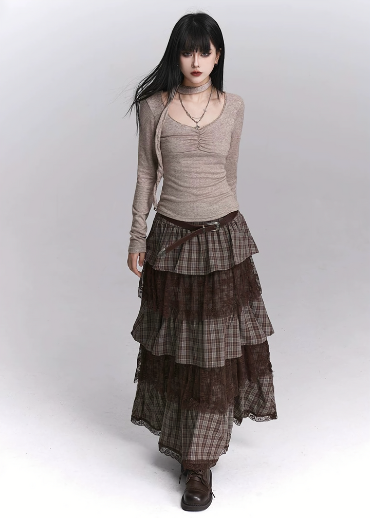 TIERED CHECK LACE LONG SKIRT/LG1415