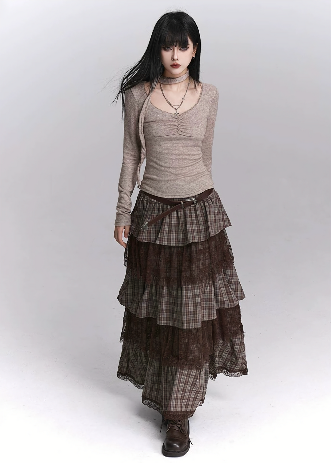 TIERED CHECK LACE LONG SKIRT / LG1415