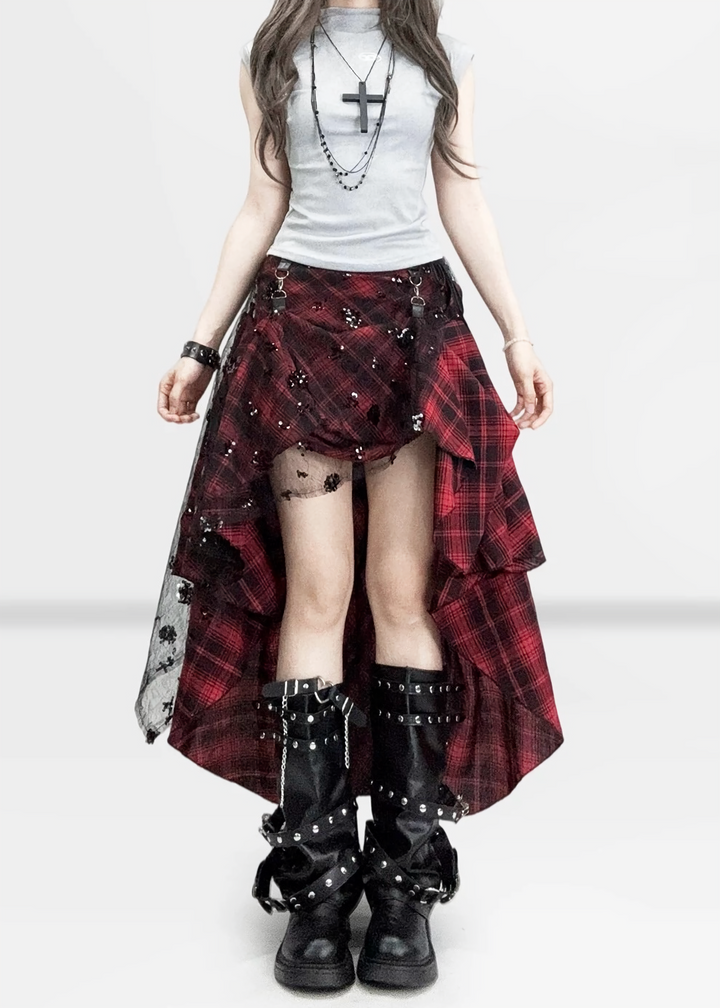 RED CHECK ASYMMETRY LAYERED SKIRT / LG1572
